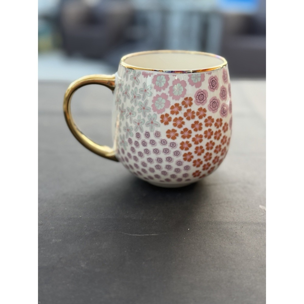 Thyme & Table Stoneware Mug Gold Handle Trimed Floral Pink Purple 16oz